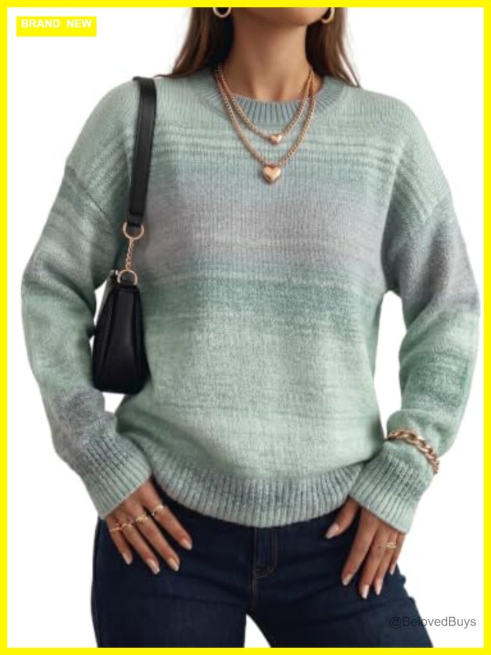 Womens Long Sleeve Knit Gradient Sweater Crewneck Pullover